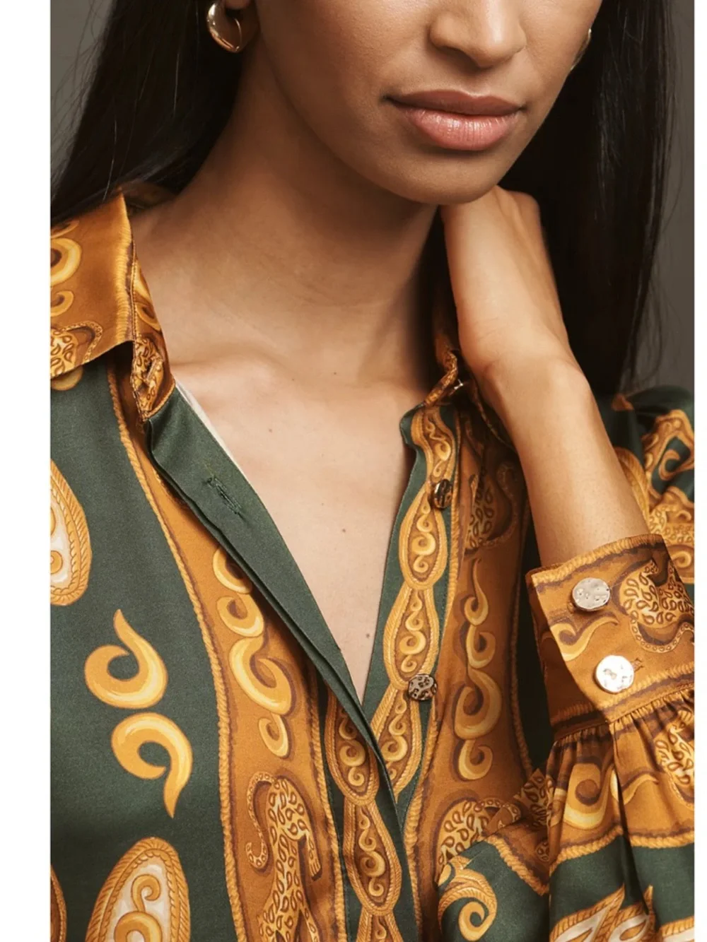 FARM Rio x Anthropologie Gold and Green Paisley Silk Blouse Size XXS NWT